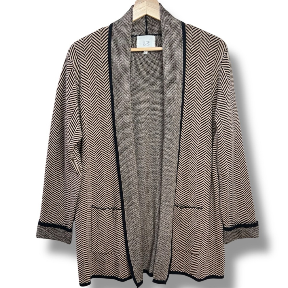 Luxe By Tricot Women’s L Herringbone Open Front Cardigan Sweater Jacket Pockets